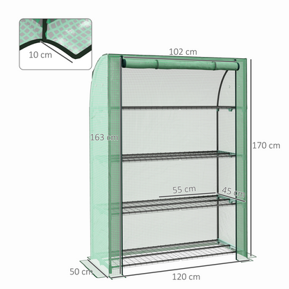 Mini Green House with 4 Tier Shelves, 170H x 120W x 50Dcm, Green