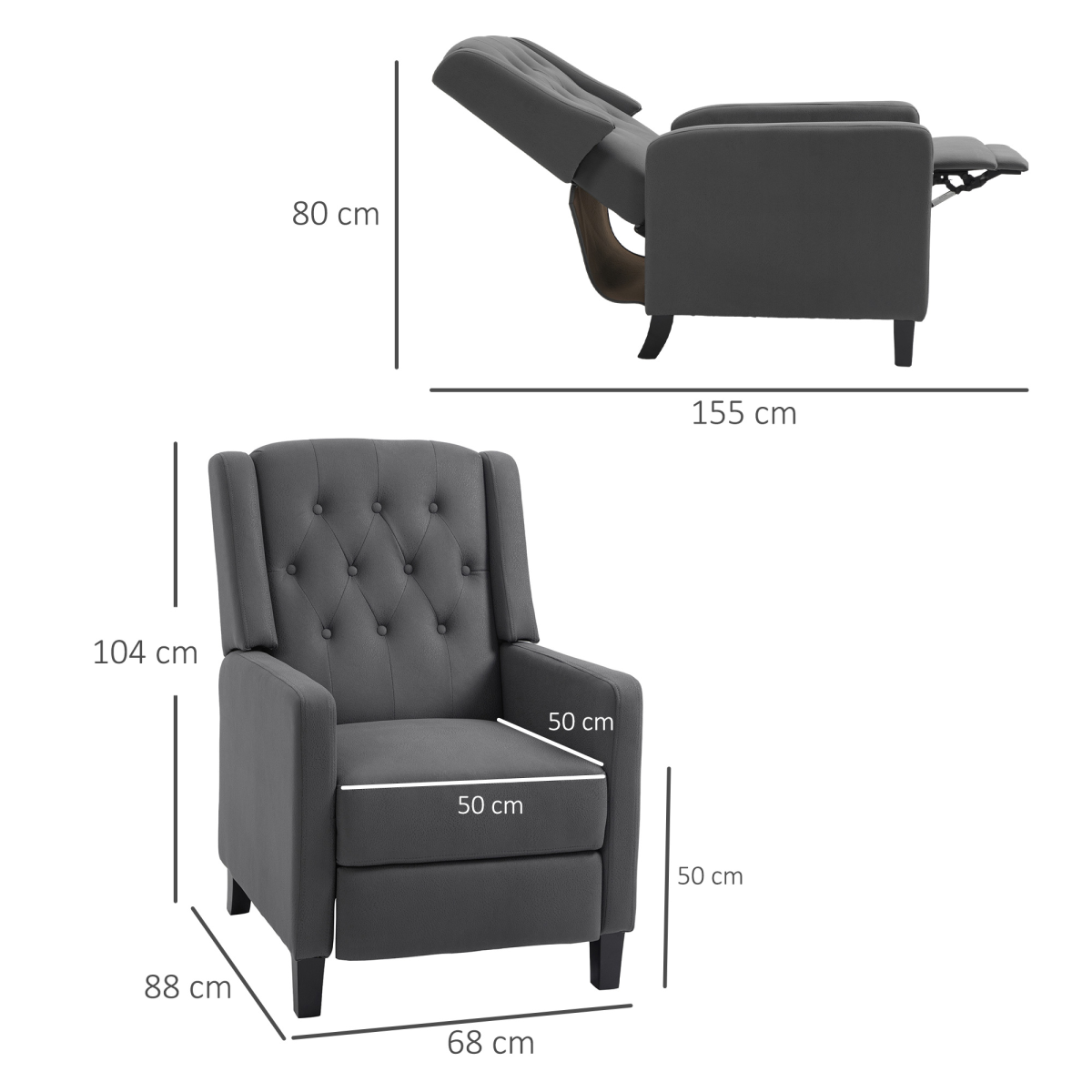 Button Tufted Microfibre Cloth Recliner Armchair for Living Room, Grey