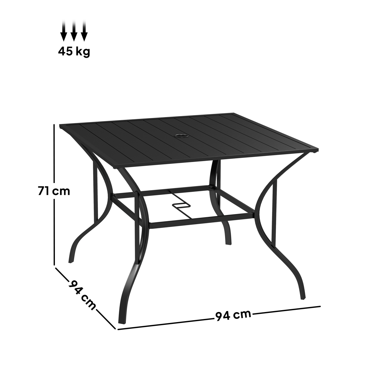 Garden Table with Parasol Hole for Four, Slatted Metal Plate Top