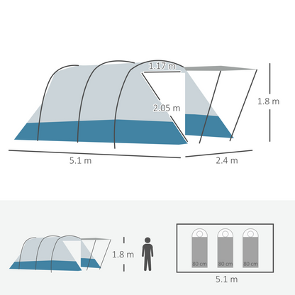 Two-Room Tunnel Tent  Blue 6–8 Person