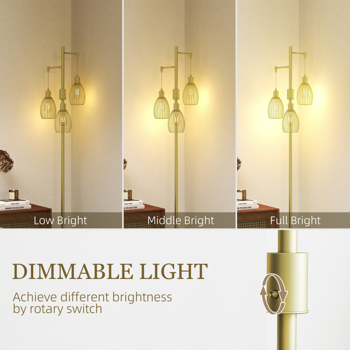 Industrial 3-Light Floor Lamp Dimmable Standing Lamp, Gold