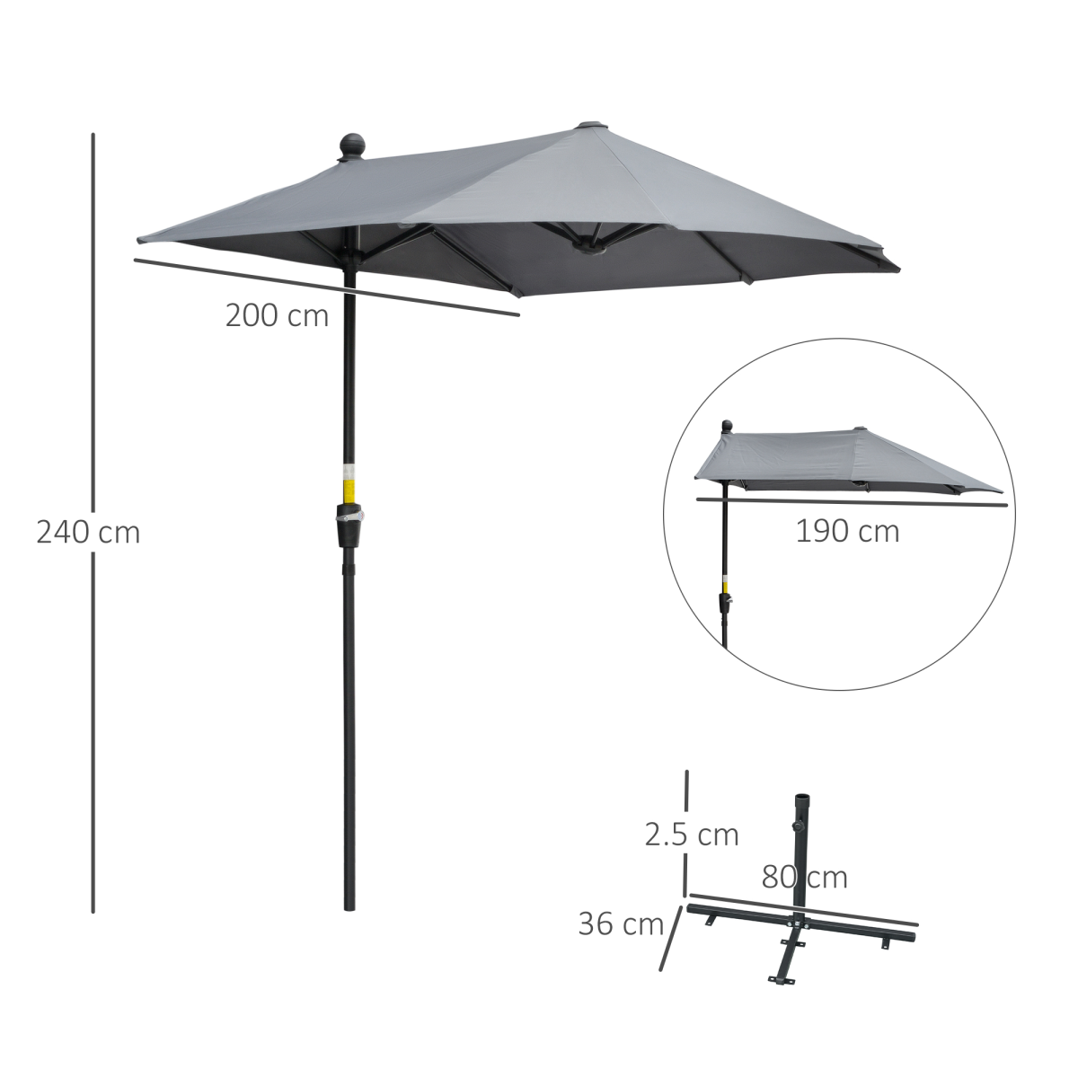 2m Half Garden Parasol Market Umbrella w/ Crank Handle, Base Dark Grey
