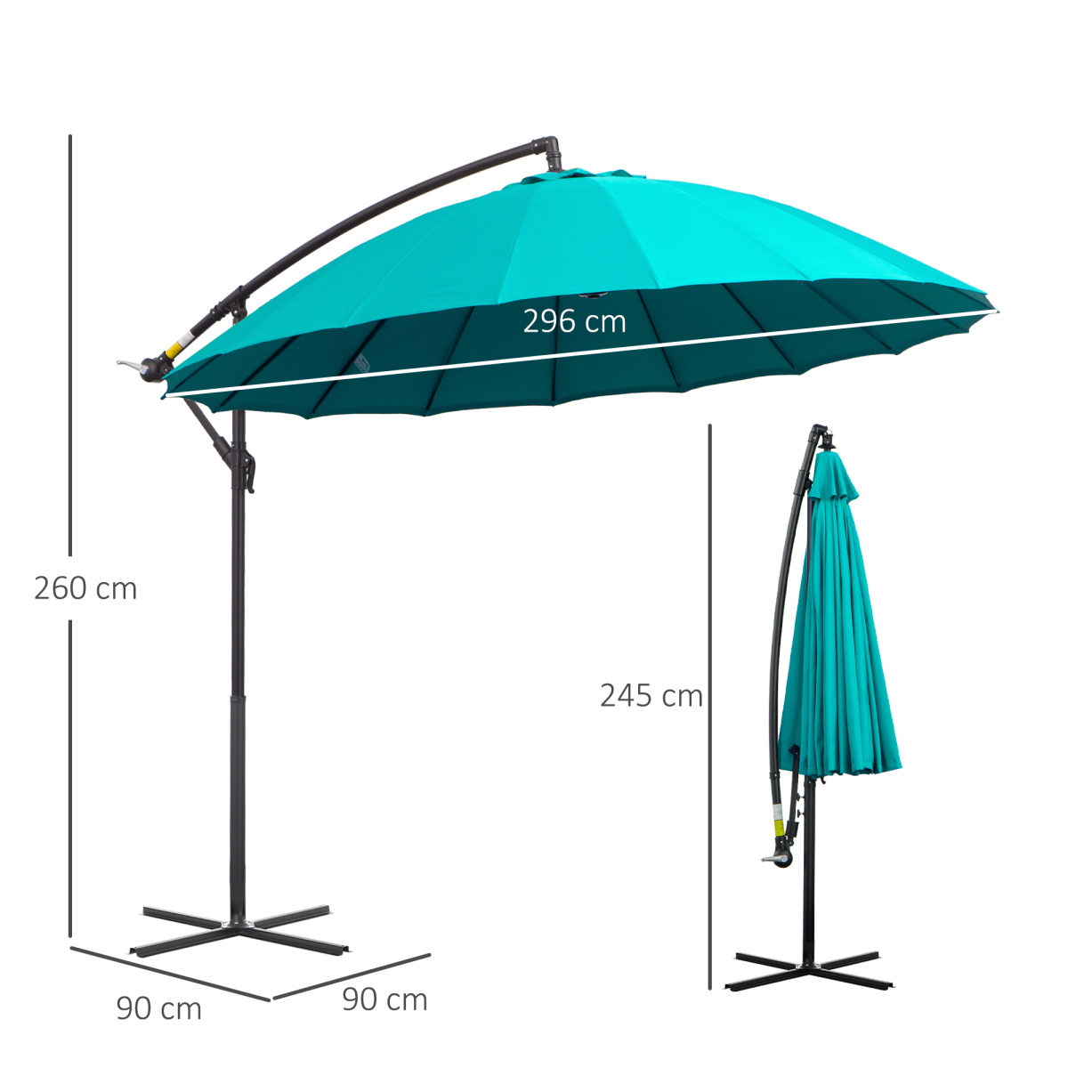 3(m) Cantilever Shanghai Parasol Crank Handle, Cross Base, Turquoise Outsunny