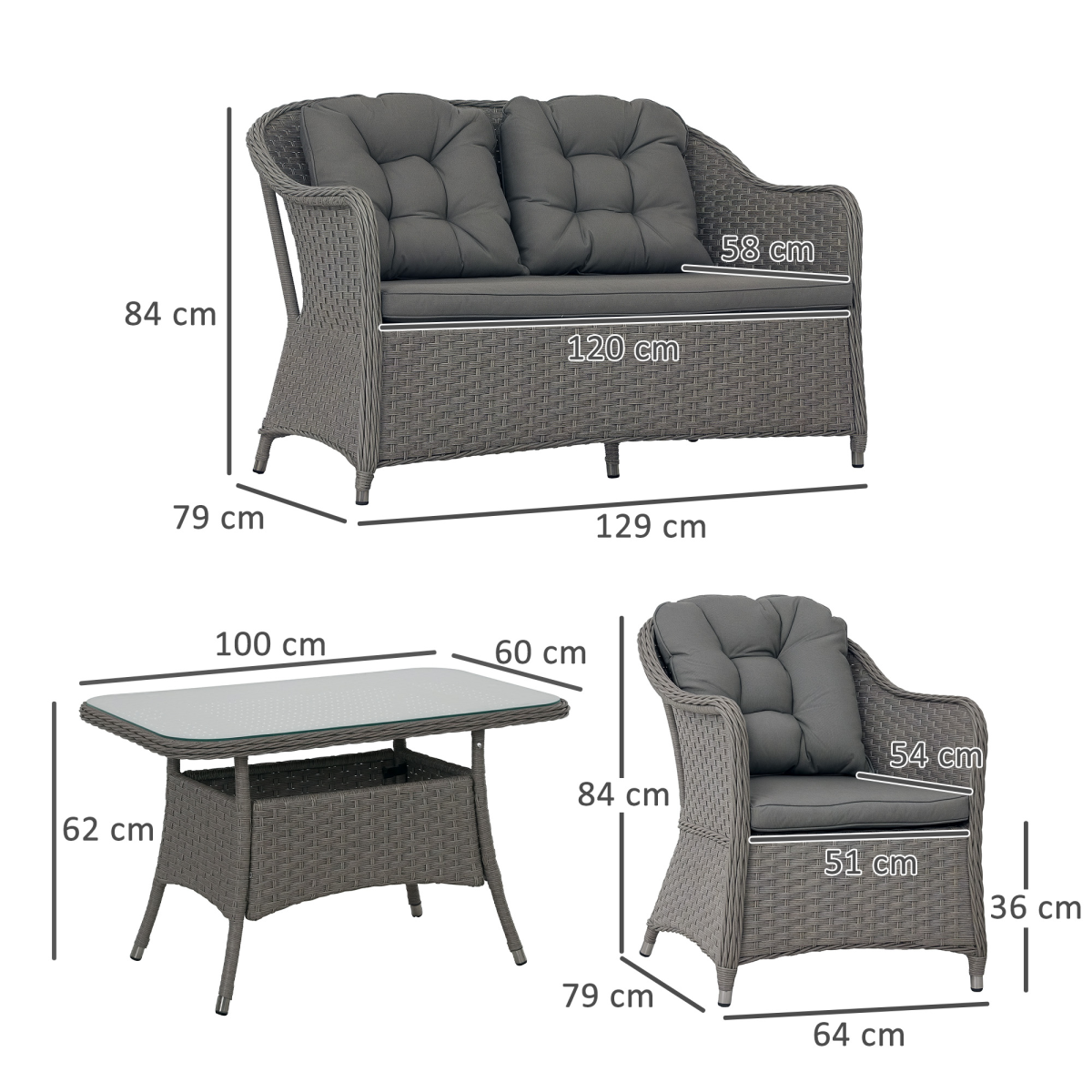 Rattan Garden Furniture, Padded Cushions Conversation Sofa Set 4 PCS