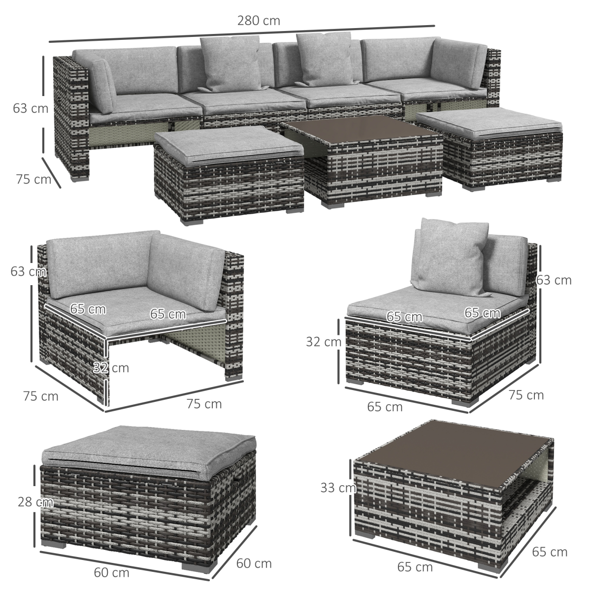 7 PCs Rattan Garden Furniture Set with Side Shelf, Stools, Table, Grey