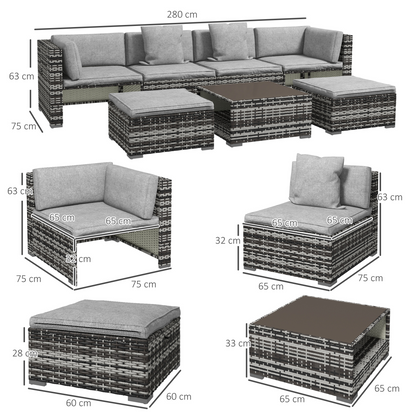 7 PCs Rattan Garden Furniture Set with Side Shelf, Stools, Table, Grey