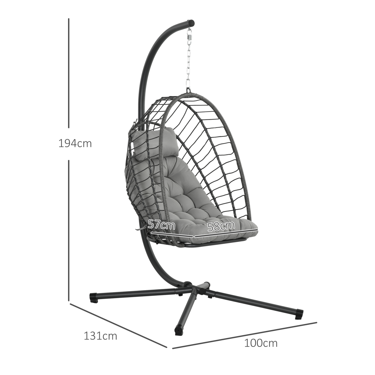 PE Hanging Swing Chair w/ Thick Cushion, Patio Hanging Chair, Grey