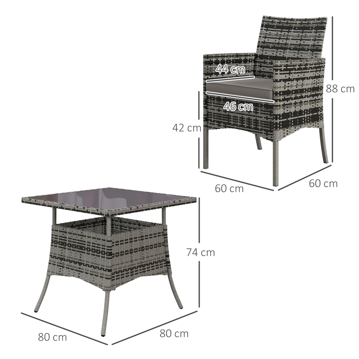 4 Seater Rattan Garden Furniture Set w/ Tempered Glass Tabletop - Grey