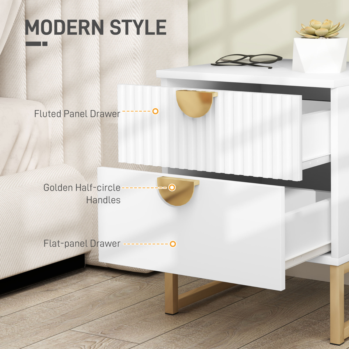 Bedside Table with 2 Drawers for Bedroom, Living Room, White