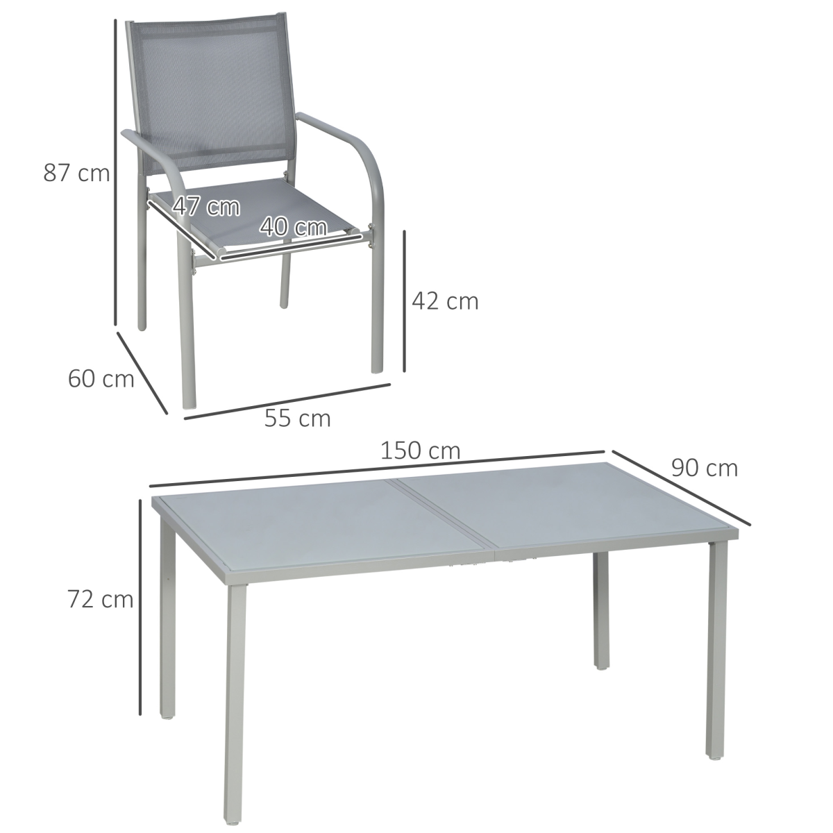7 Piece Garden Dining Set, Steel Outdoor Table and Chairs, Grey