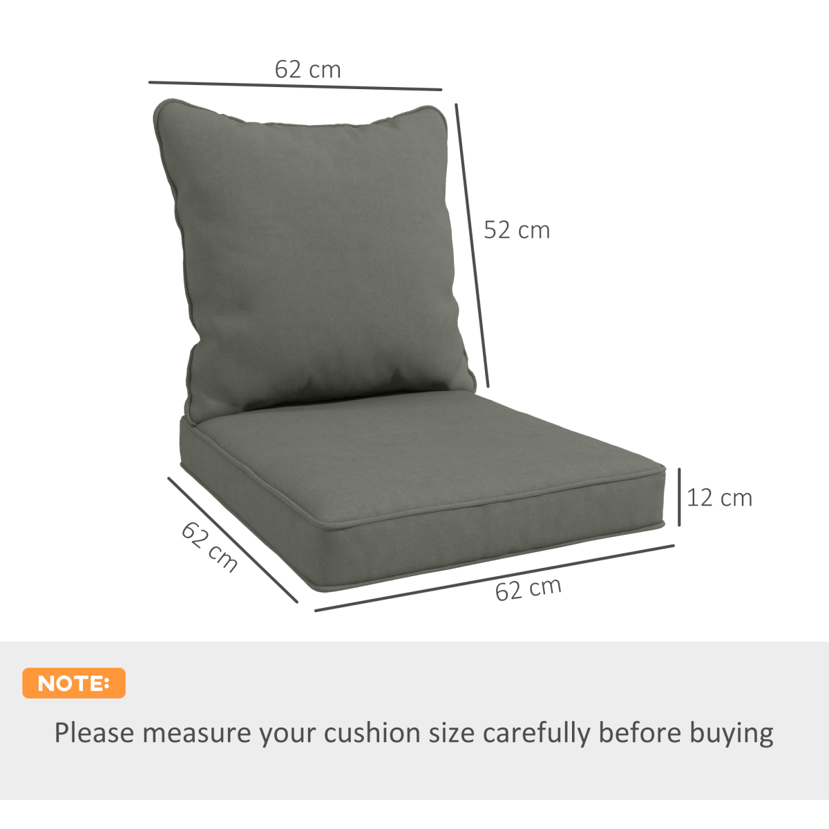 One-piece Outdoor Back and Seat Cushion for Garden, Charcoal Grey