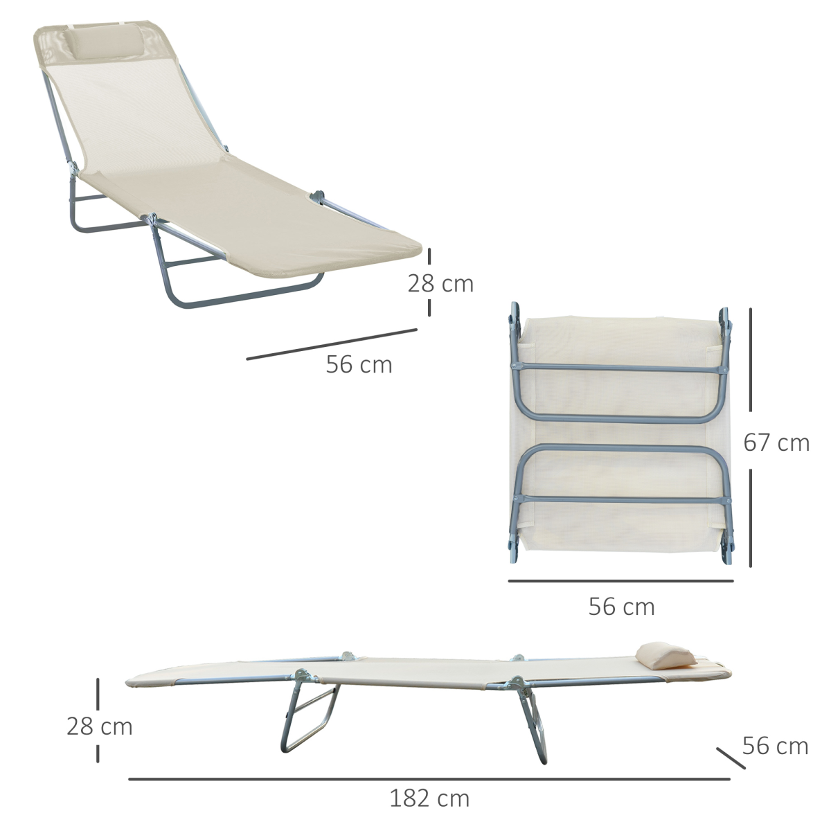Adjustable Sun Bed Garden Lounger Recliner Relaxing Camping Beige
