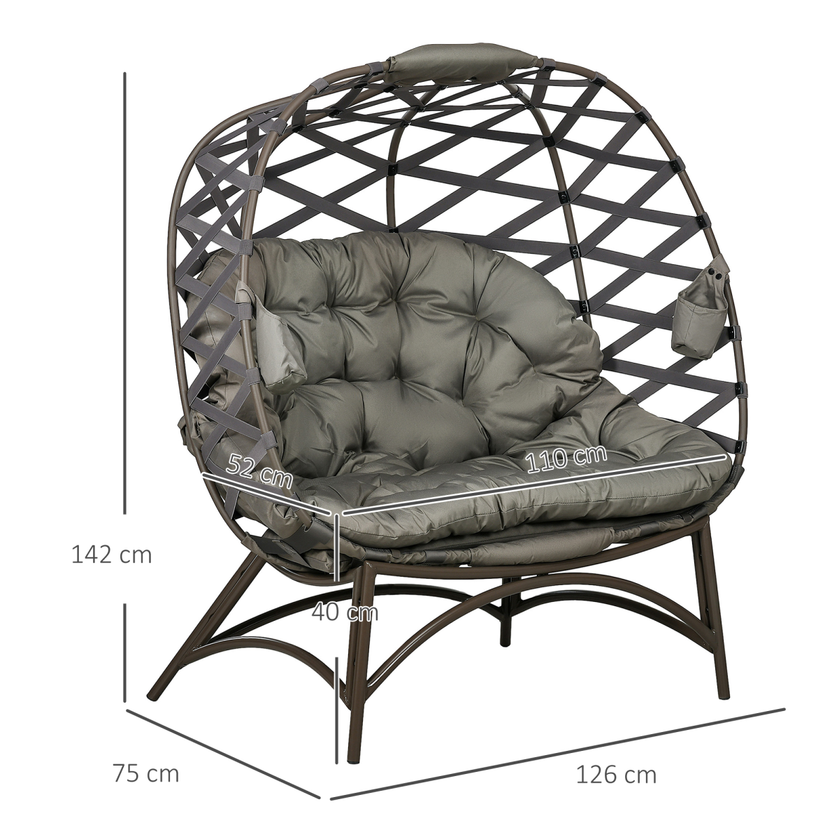 2 Seater Egg Chair Outdoor with Cushion, Cup Pockets - Sand Brown