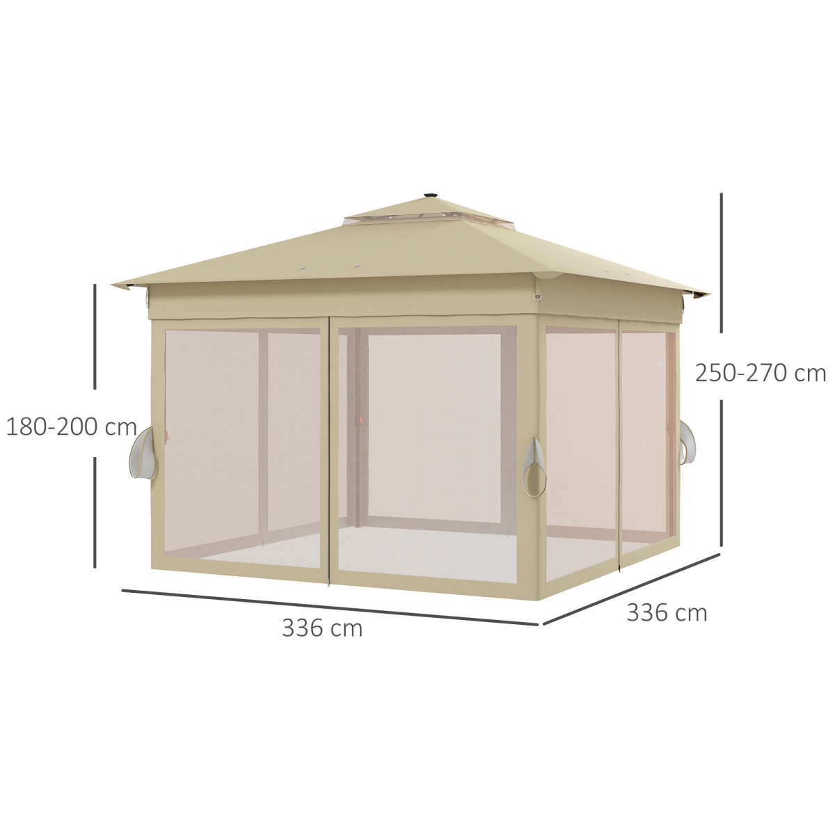 3x3(m) Pop Up Gazebo w/ Solar-Powered LED Lights Curtain Netting Khaki