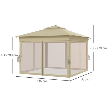3x3(m) Pop Up Gazebo w/ Solar-Powered LED Lights Curtain Netting Khaki