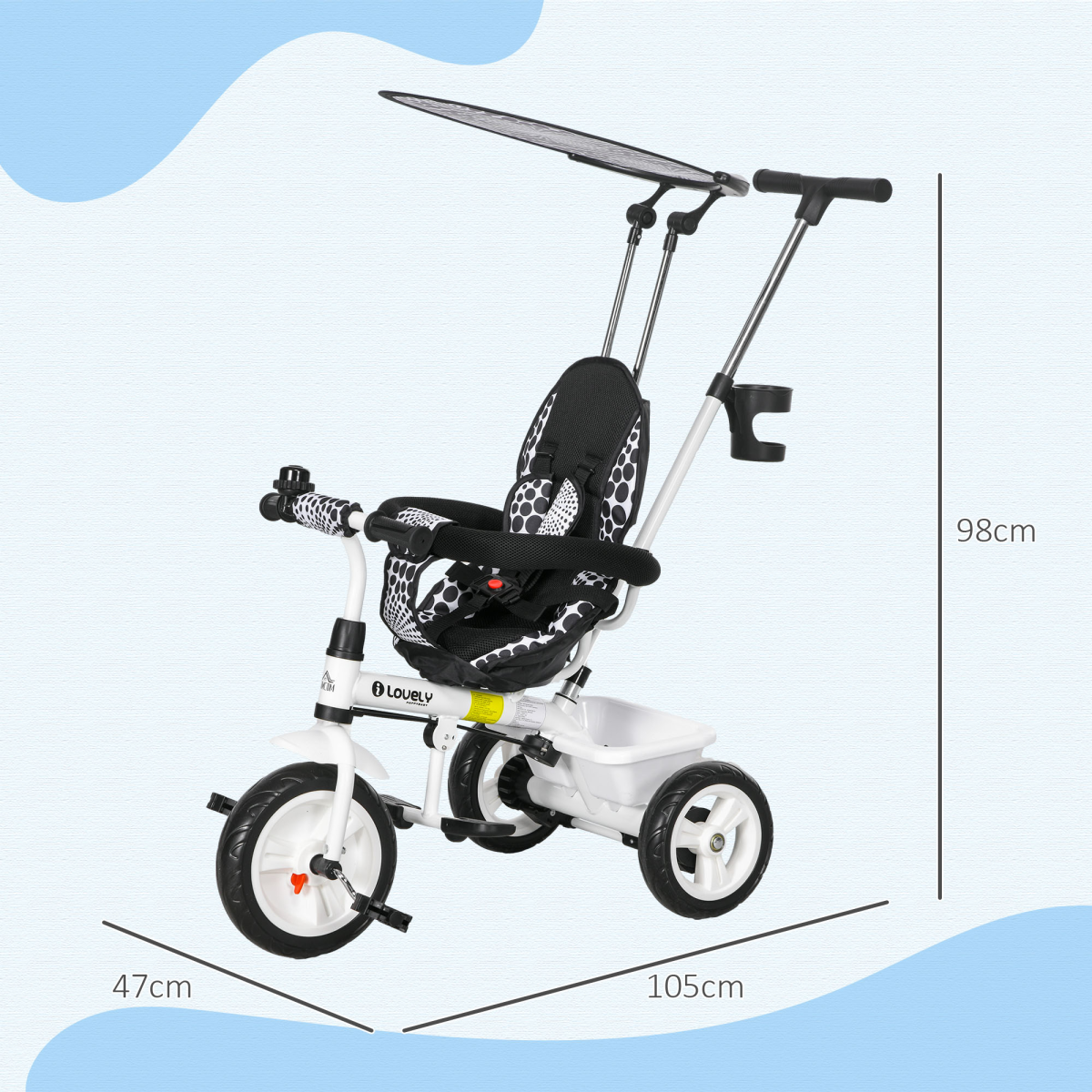 6 in 1 Kids Tricycle w/ Removable Handle for 1.5 year, White