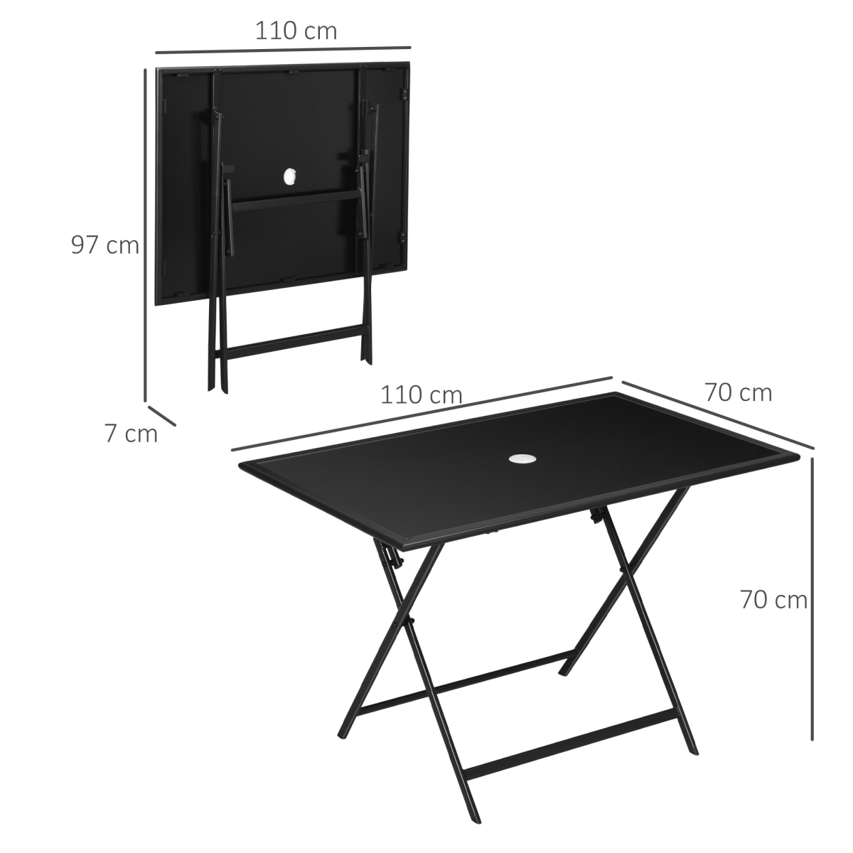 Folding Outdoor Table for 6, Rectangle Glass Top with Parasol Hole 110x70x70cm