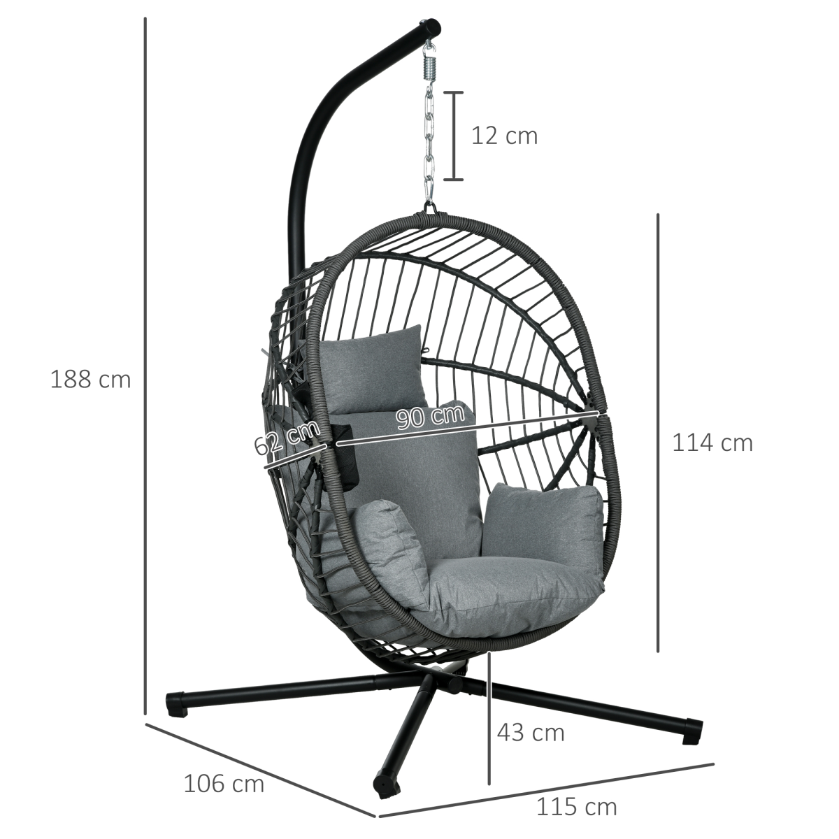 Hanging Swing Chair w/ Thick Cushion, Patio Hanging Chair, Grey