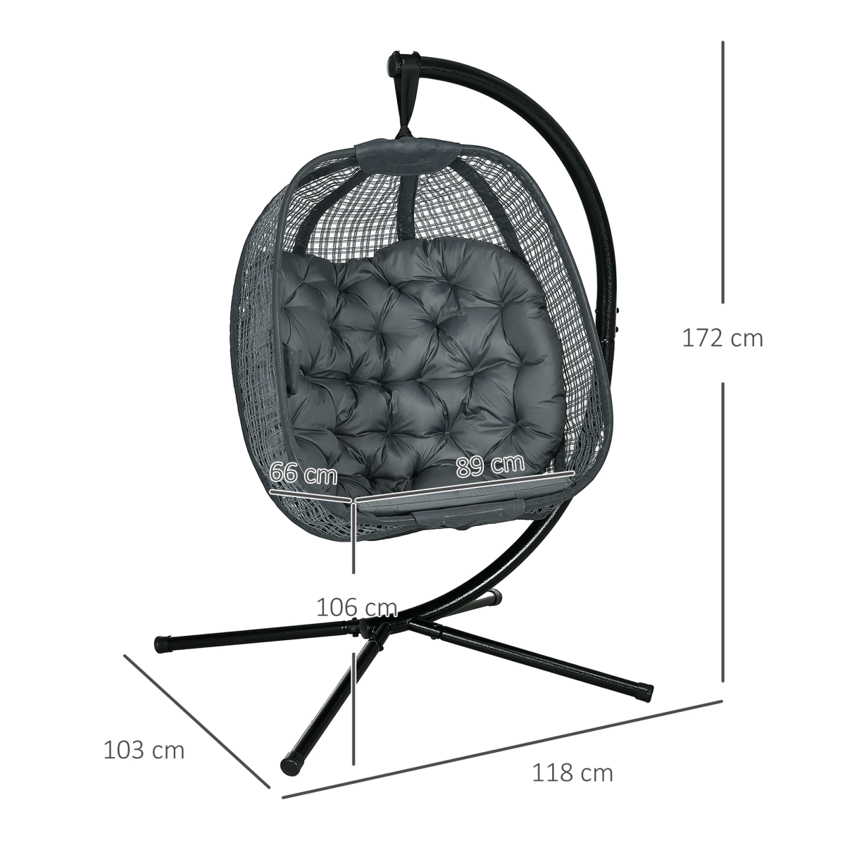 Hanging Swing Chair w/ Thick Cushion, Patio Hanging Chair, Dark Grey