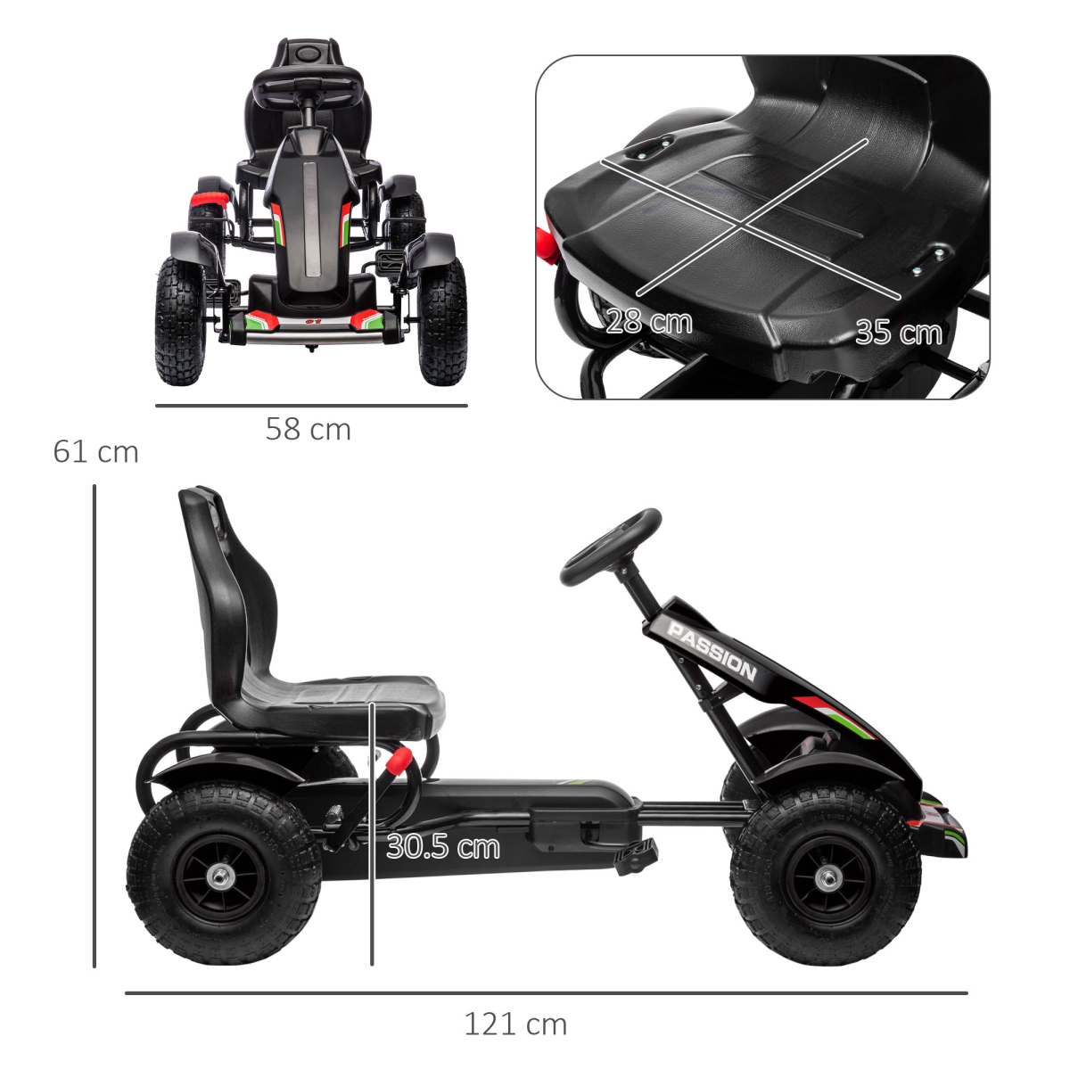 Children Pedal Go Kart w/ Adjustable Seat, Inflatable Tyres - Black