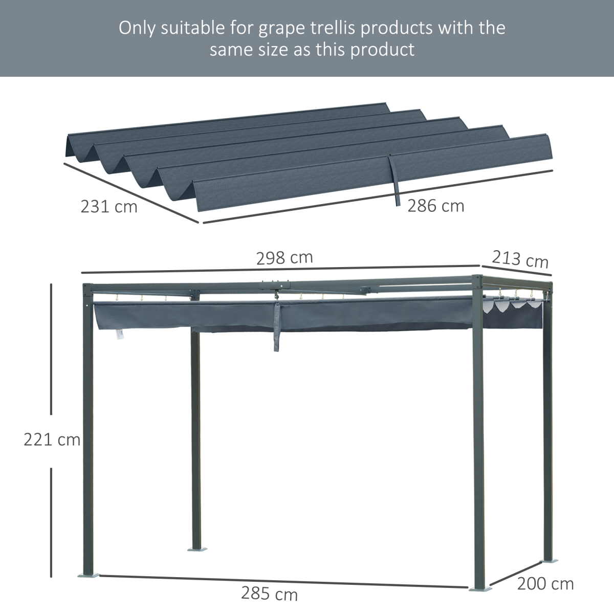 Pergola Sun Shade Cover Roof Replacement for 3 x 2.15m Pergola, Grey
