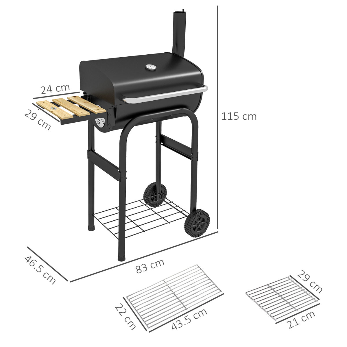 Charcoal Barbecue BBQ Grill Trolley W/ Shelves, Lid and Thermometer