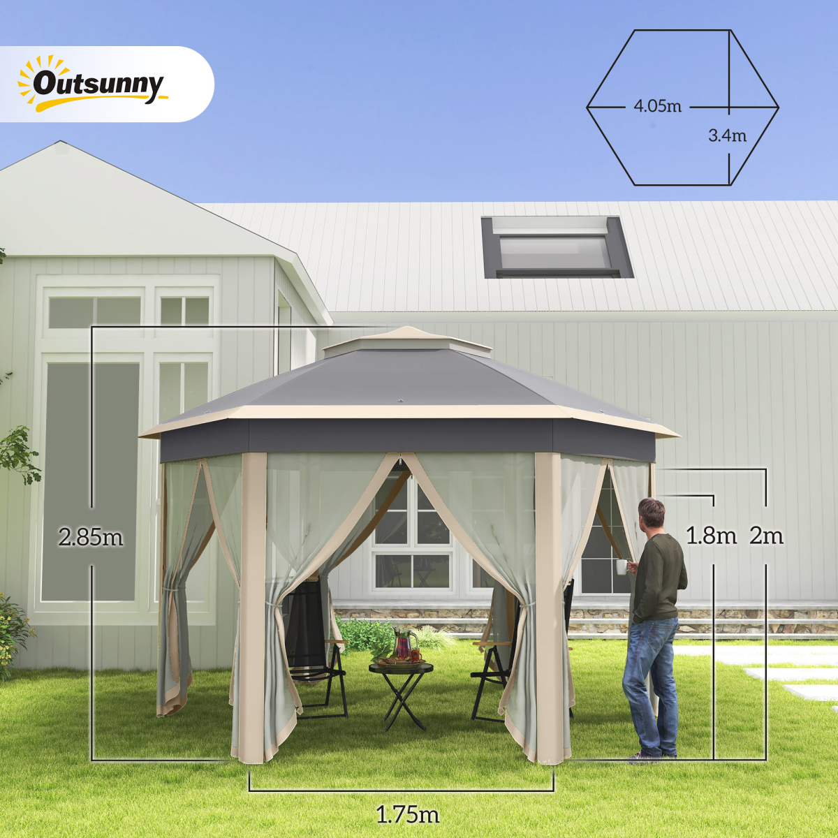 3x4m Hexagon Gazebo w/ Metal Frame Mesh Curtains Outdoor Garden, Khaki