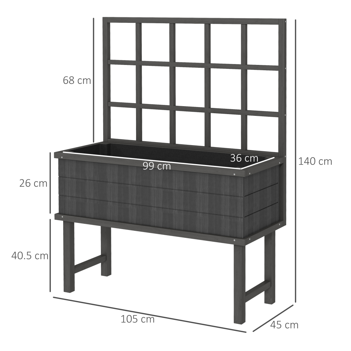 Wood Raised Planter w/ Trellis Drain Holes Elevated Garden Bed Grey