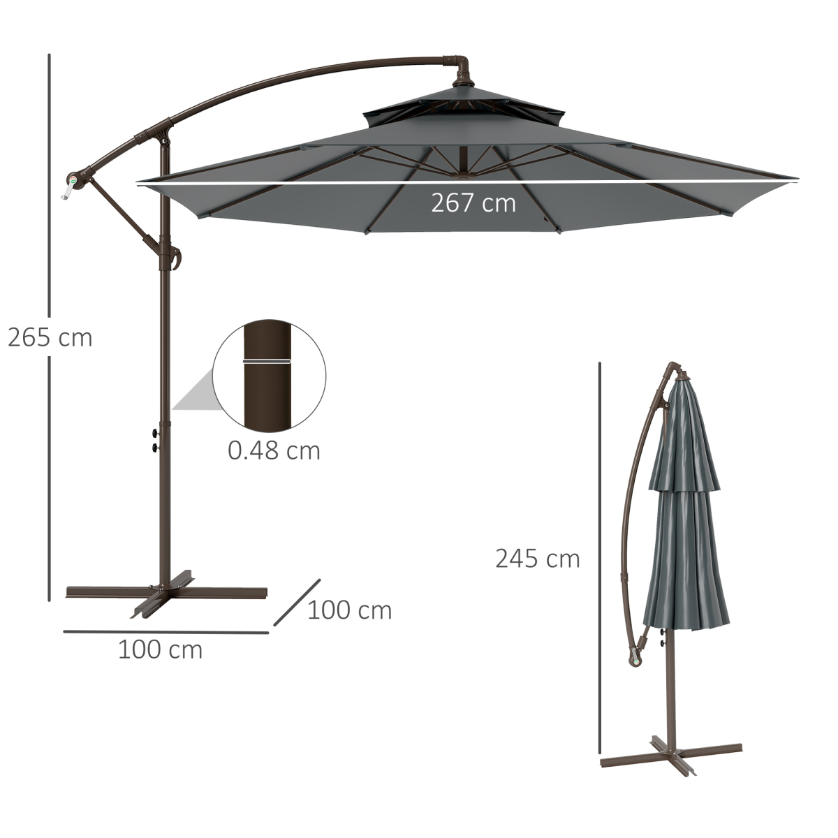 2.7m Garden Banana Parasol Cantilever Umbrella Handle, Dark Grey
