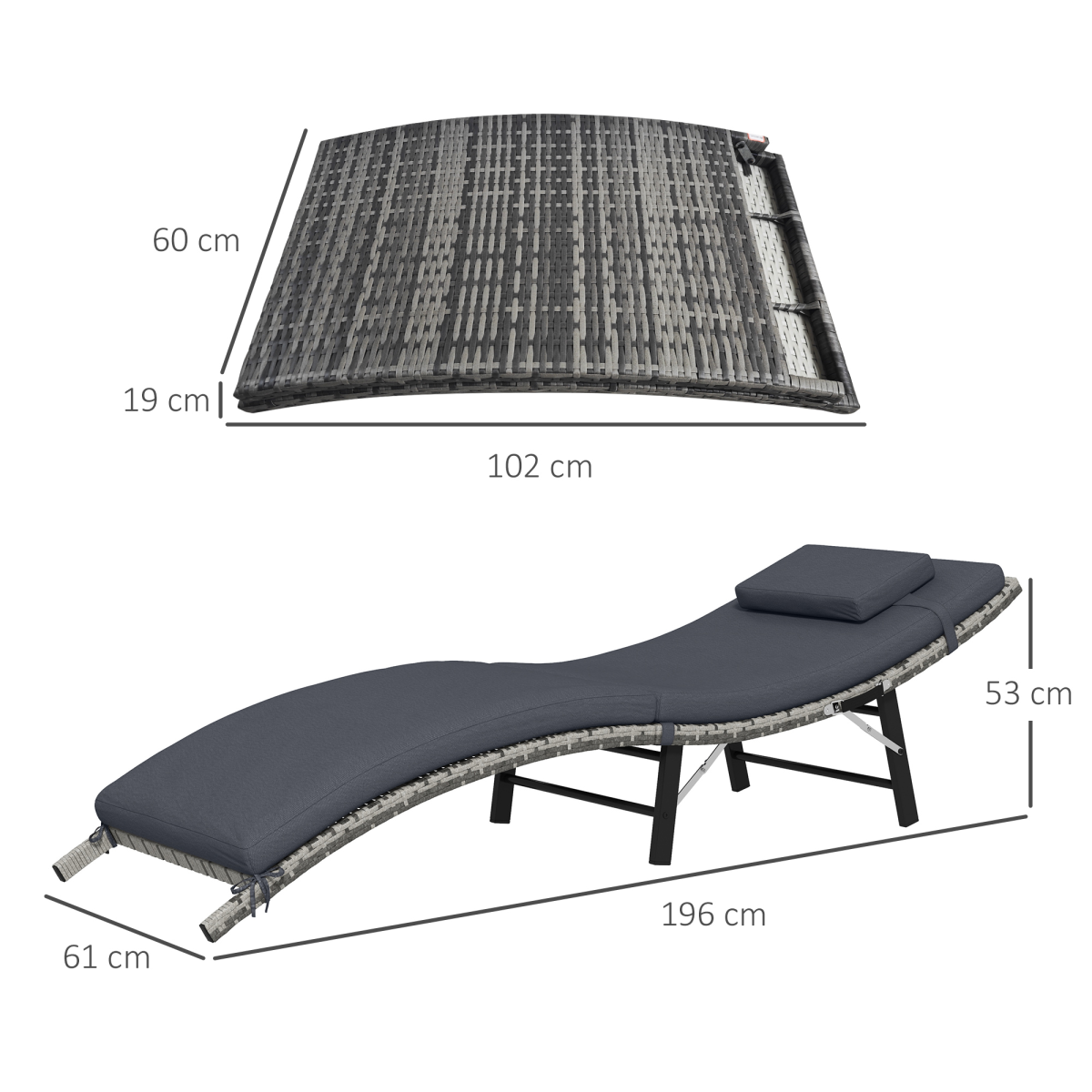 Folding Rattan Sun Lounger Outdoor Chair with Cushion and Pillow, Grey