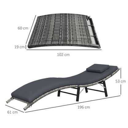 Folding Rattan Sun Lounger Outdoor Chair with Cushion and Pillow, Grey