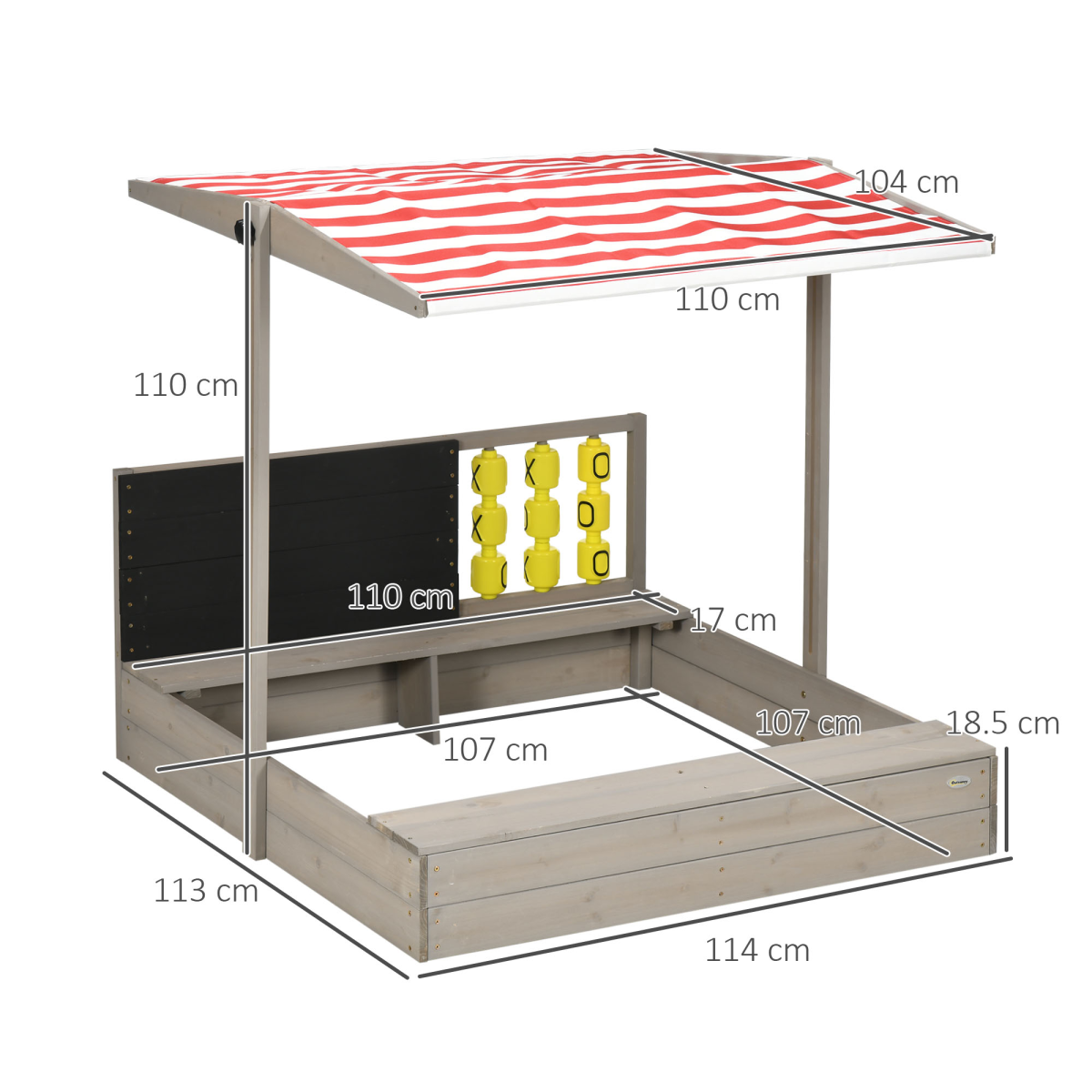 Kids Wooden Sandpit, Sandbox w/ Canopy, Seats, for Gardens - Grey