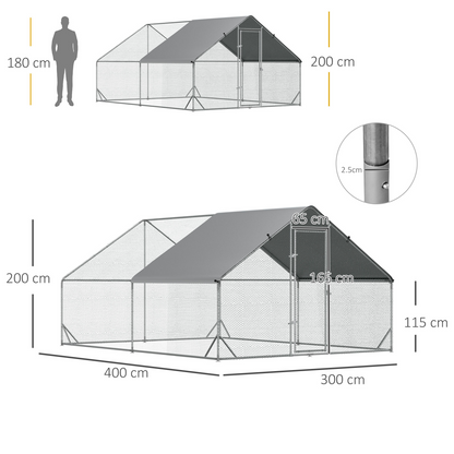 Walk In Chicken Run Large Galvanized Chicken Coop w/ Cover 3 x 4 x 2m Pawhut