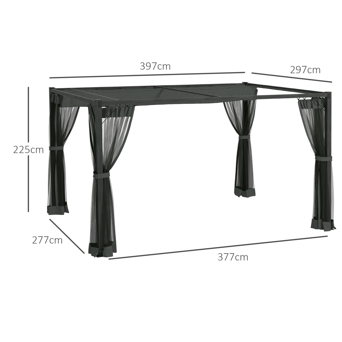 3 x 4m Pergola with Retractable Roof and Netting, Dark Grey