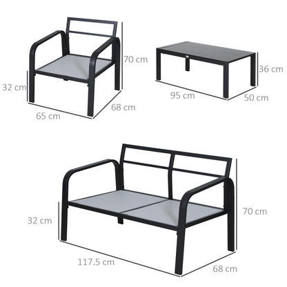 4 Pcs Garden Dining Set & 2 Chairs Sofa Glass Top Table Foam Cushions Grey Black
