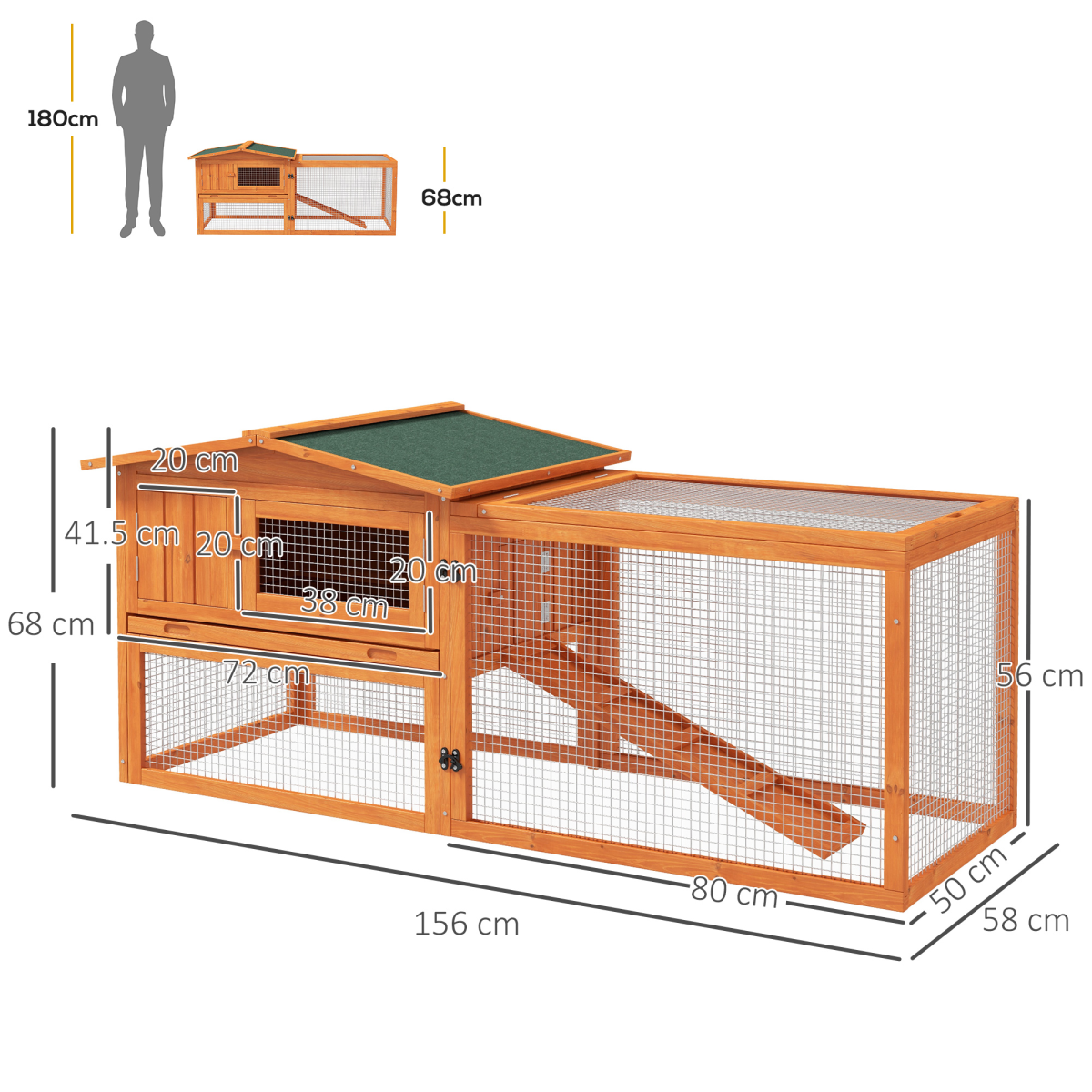 Rabbit Hutch and Run Outdoor Sliding Tray Hay Rack Ramp, 156x58x68 cm