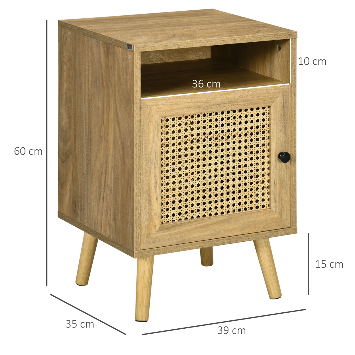 Nightstand, Rattan Bedside Table, Sofa Side Table w/ Cabinet, Shelf