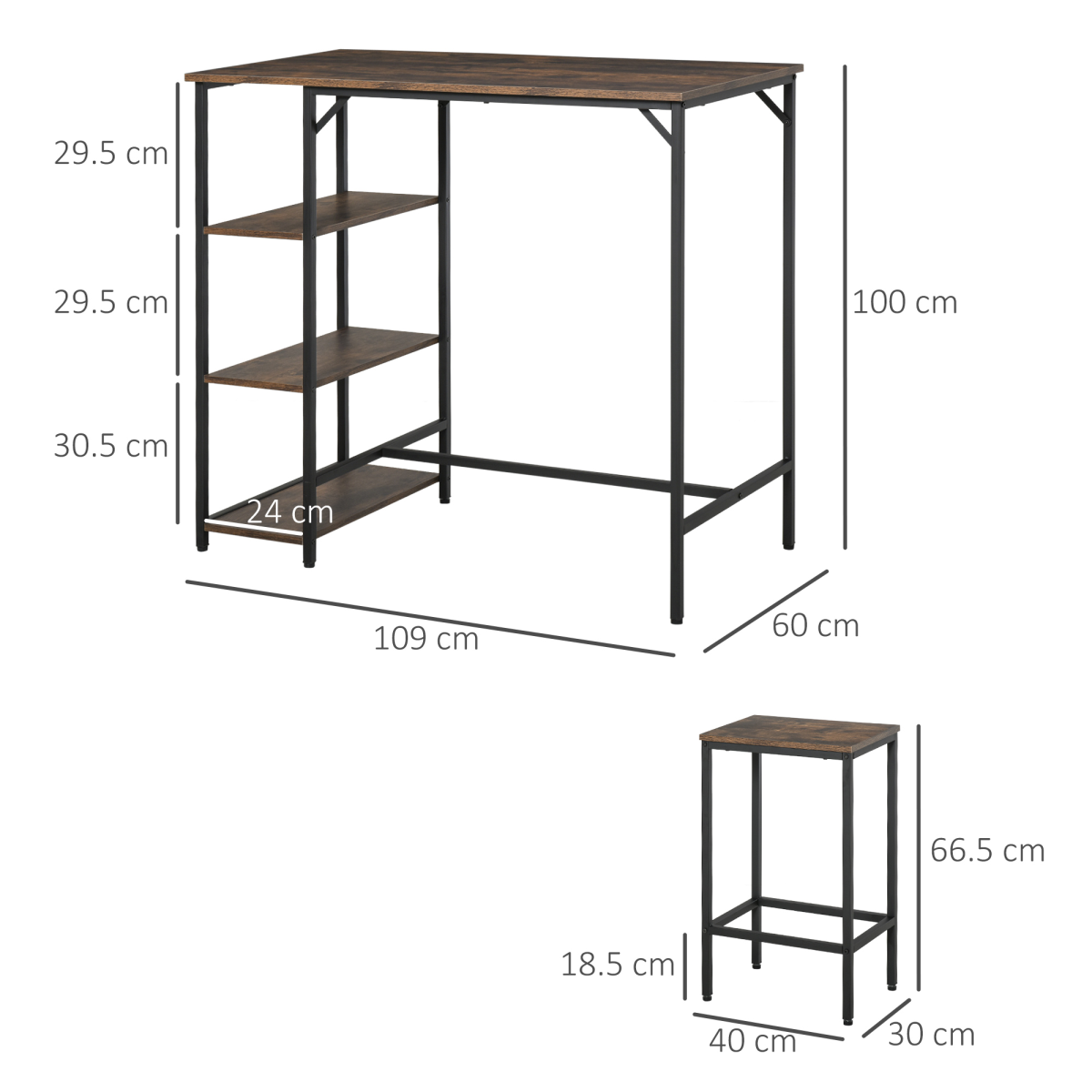 Industrial Bar Height Dining Table Set With 2 Stools & Side Shelf