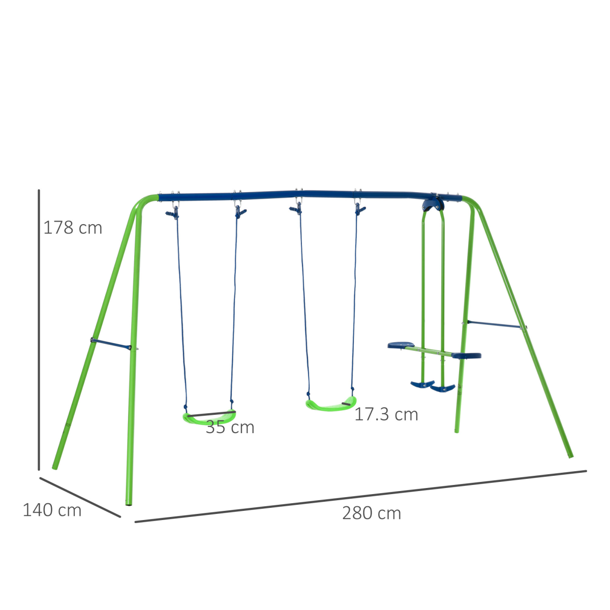 Metal 2 Swings & Seesaw Set Height Adjustable Outdoor Play Set, Green