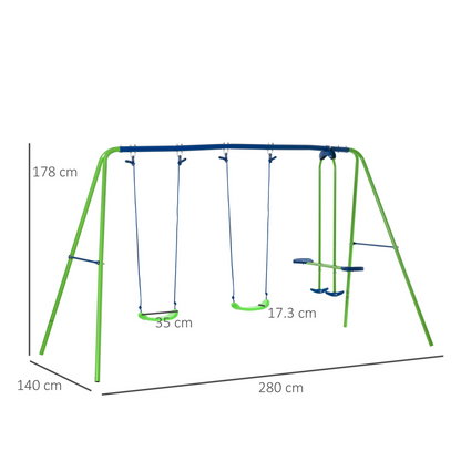 Metal 2 Swings & Seesaw Set Height Adjustable Outdoor Play Set, Green