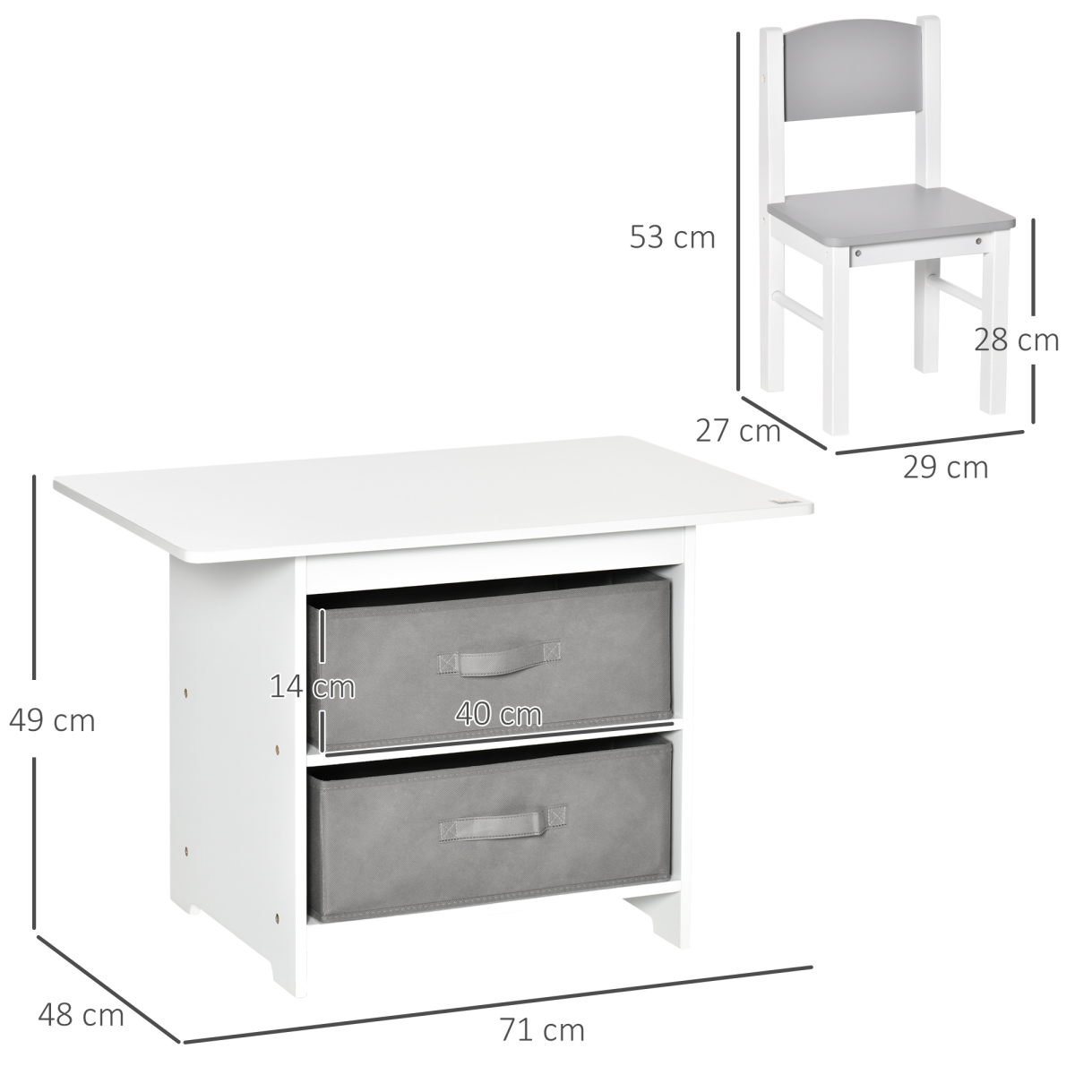 3 Pcs Kids Table & Chairs Set Toddler Furniture Storage Drawers