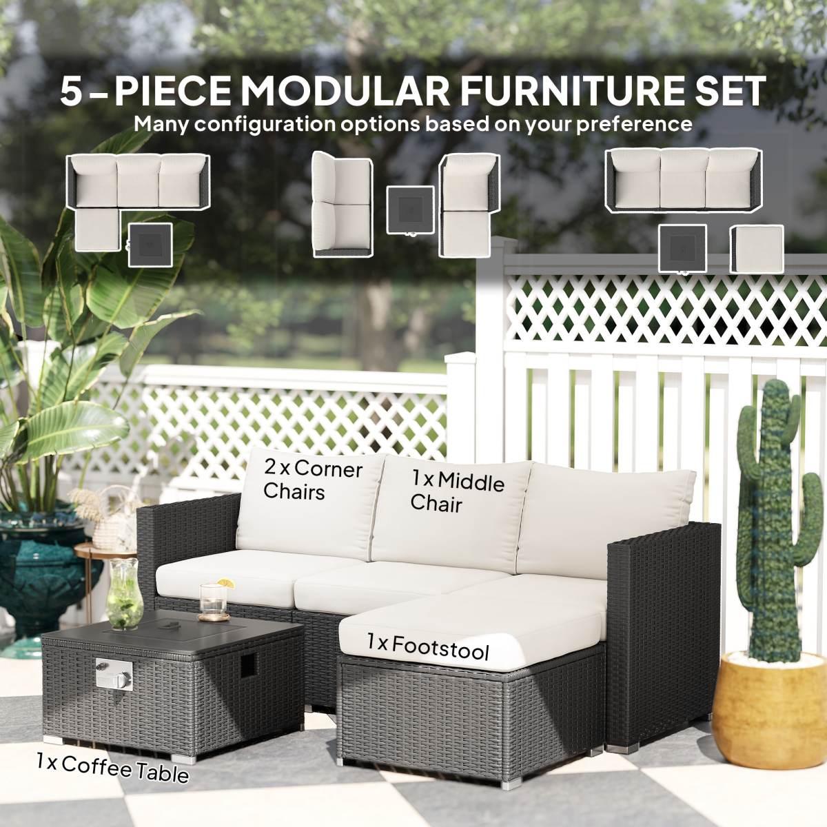 4 Seater Rattan Sofa Set with Footstool Thick Cushions Black Cream