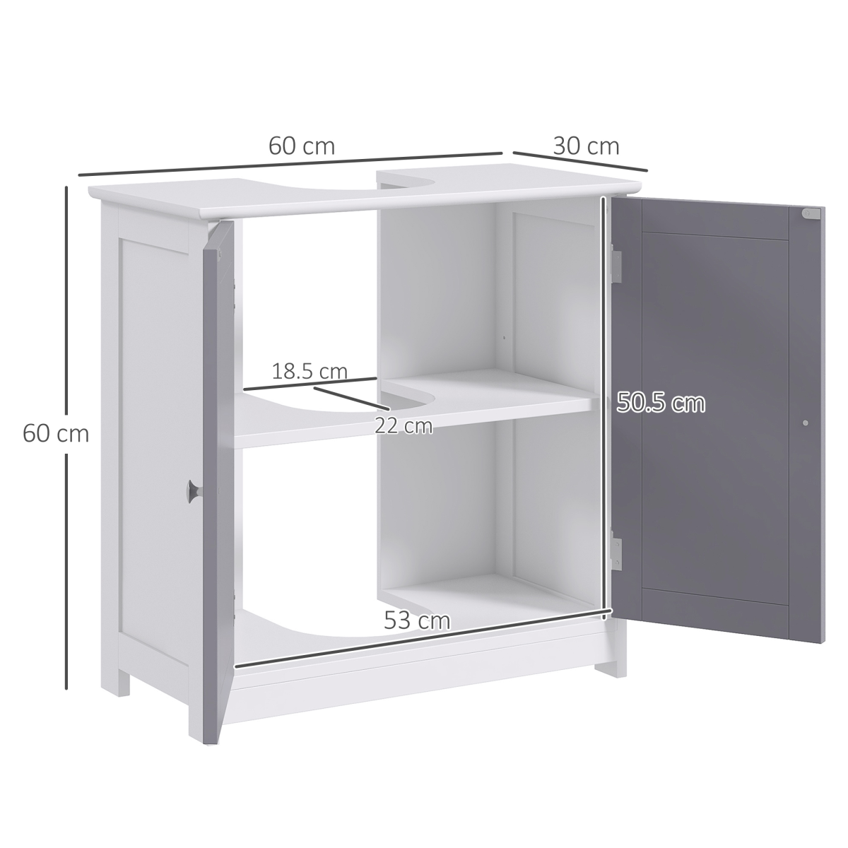 Under-Sink Storage Cabinet w/ Adjustable Shelf Grey White 60x60cm