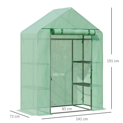 WalkIn Greenhouse 2 Tier Shelf, Roll-Up Door, PE Cover, 141x72x191cm, Green