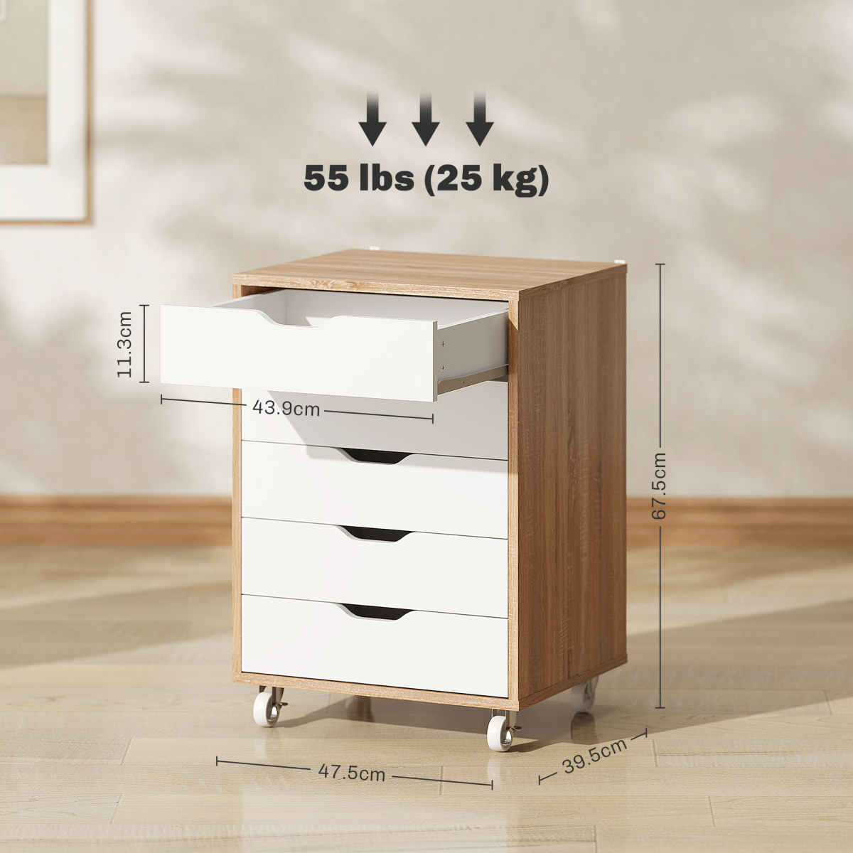 Mobile Filing Cabinet, 5-drawer File Cabinet with Wheels, Oak