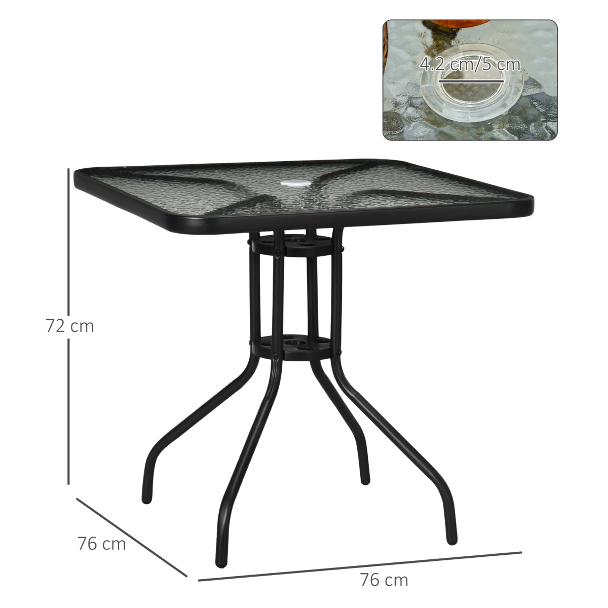 Square Patio Table, Tempered Glass Top Garden Dining Table 76 x 76cm