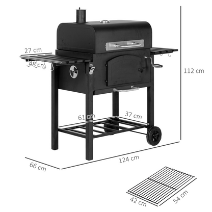 Charcoal Grill BBQ Trolley w/ Adjustable Charcoal Height & Thermometer