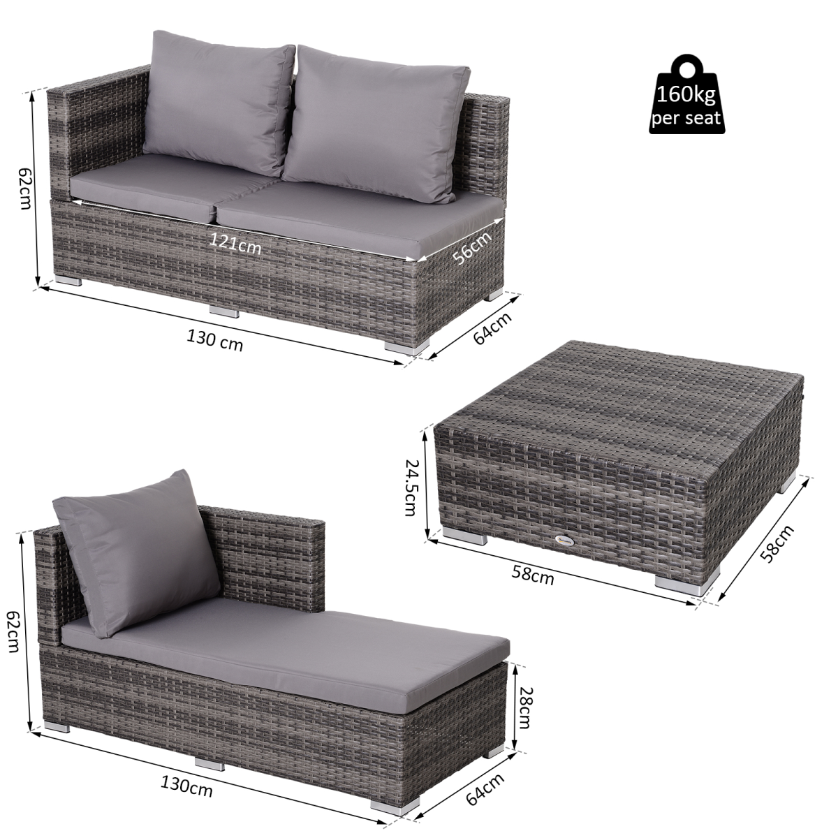 Rattan Garden Sofa Set Storage Table Wicker Patio Lounger 4-Seater Grey