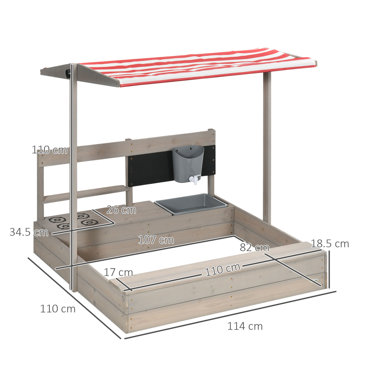 Kids Wooden Sandbox w/ Canopy, Kitchen Toys, Seat, Storage, for Outdoor