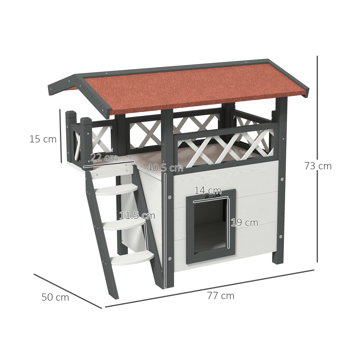 Outdoor Cat House with Balcony Stairs Roof, White